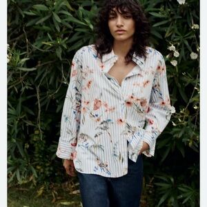 Zara Poplin Shirt with Bird Print Size Small